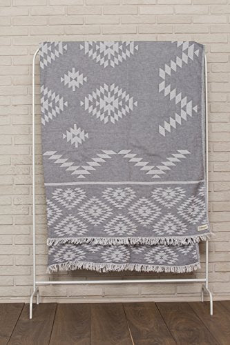 Bersuse 100% Cotton Teotihuacan XL Throw Blanket Turkish Towel Beach Blanket - Beach Camping Essentials - 75x90 Inches, Silver Grey - color: Silver Grey