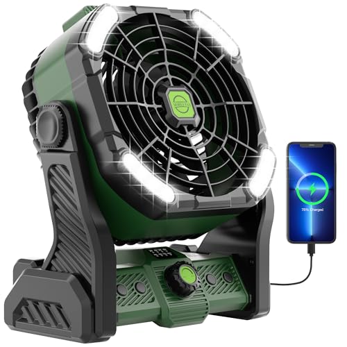 20000mAh Portable Camping Fan Rechargeable Portable fan for Travel Battery Powered Fan with LED Lantern,270° Rotation,USB Desk fan Battery Rechargeable Fan Tent Fan for camping essentials with Hook - color: X26 Green