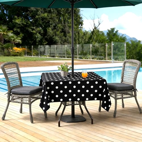 Poise3EHome Square Outdoor Tablecloth with Umbrella Hole and Zipper,Black Dot 60x60 Inch,Polyester SpillProof Washable Table Cloth for Spring Summer Patio Garden Poolside Picnic Camping BBQS - color: Black Dot, size: 60" x 60" (Square)