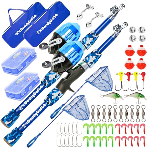 DaddyGoFish Kids Fishing Pole - Rod Reel Combo Tackle Box Starter Set - First Year Small Gear Kit for Boys Girls Toddler Youth Age Beginner Little Children - color: 2 Pack- Blue + Blue (Essential Set), size: 4ft