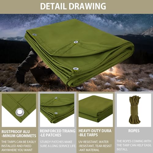 FoundGo 12x45ft Canvas Tarp 22 Mil Tarps 14 oz Canvas Tarpaulin Heavy Duty Cloth Water/UV Resistant Cover with Rustproof Grommets & Ropes for Cars,Roofs,Boats,Camps,Sunshades，Moisture Barrier -Avocado - color: Avocado, size: 12x45 ft