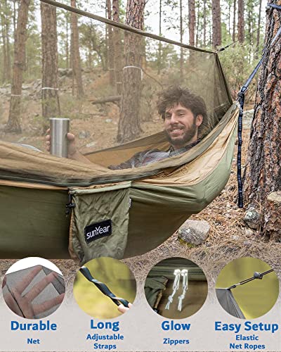 Sunyear Hammock Camping with Rain Fly Tarp and Net, Portable Camping Hammock Double Tree Hammock Outdoor Indoor Backpacking Travel & Survival, 2 Tree Straps,100% Waterproof - color: Green Bundle, size: 55"W*106"L