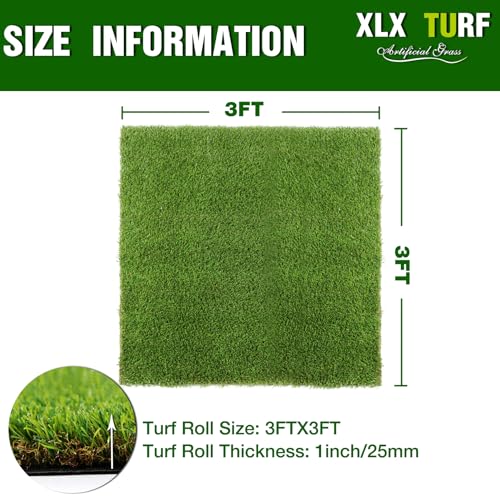 XLX TURF Realistic Artificial Grass Outdoor Rug - 3 FT x 3 FT Thick & Pets Friendly Fake Grass Mats for Dogs Potty with Drainage Hole - 25mm/1inch Pile Height - size: 3' x 3' (Square)