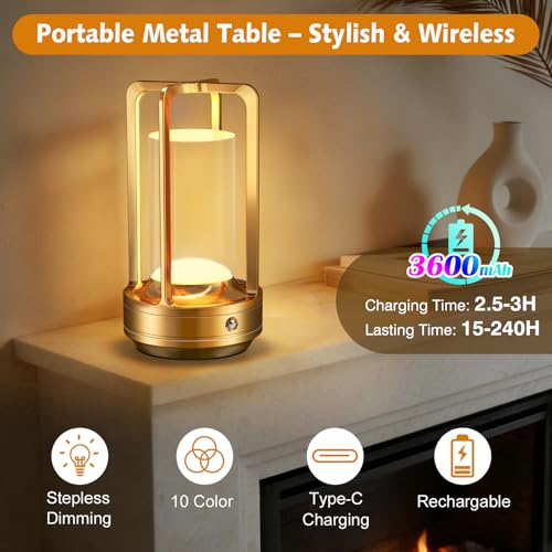 Portable Table Lamp for Outdoor Indoor: Cordless Rechargeable Desk Lamp with 10 Colors - Shower Lamp with Stepless Dimmable - Metal Battery Operated Lantern Light for Bedroom/Bar/Coffee Shop/Camping - color: Gold+RGB