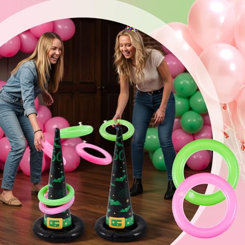 Leitee 10 Pcs Inflatable Witch Hat Ring Toss Game Set Carnival Pink and Green Inflatable Ring Toss for Witch Themed Birthday Party Decoration Indoors Outdoors