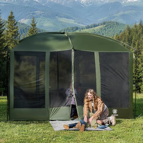 EVER ADVANCED Magnetic Screen House Room 11x9ft, Hands-Free Entry,Screenhouse with Sun Protection for Camping&Picnic, 11x9ftCamping Tent Canopy Shelter with Mesh, Green - color: Green