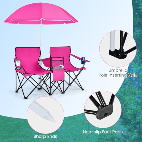 COSTWAY Double Portable Picnic Chairs, Folding Camping Chairs w/Detachable Umbrella, Cooler Bag, Cup Holders, Patio Beach Camping Chairs for Outdoors, Pink - color: Pink