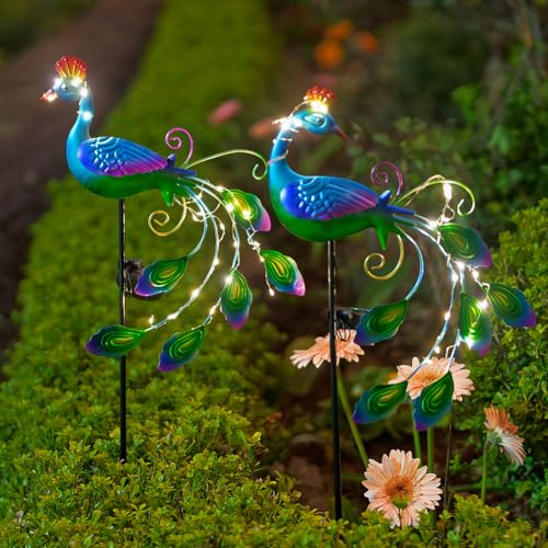 DREAMSOUL 2 Pack Metal Peacock Solar Lights Outdoor Waterproof LED Solar Lights, Decorative Garden Stakes for Yard Pathway Peacock Decor - color: Vibrant-2pack