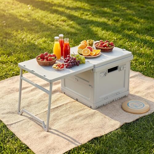 2 in 1 Foldable Camping Storage Box with Extendable Table, 26L Collapsible Plastic Storage Bin with Handle, Stackable Waterproof Storage Crate for Camping Picnic Outdoor RV Home Organization