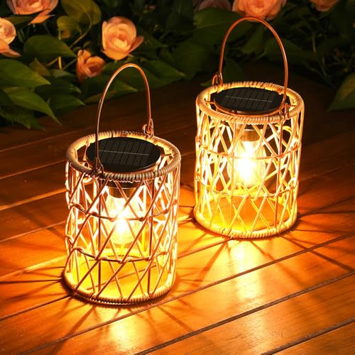 KOOPER Solar Lantern Outdoor Lights, 2 Pack Bright Hanging Solar Lanterns Outdoor Waterproof with Handle, Decoration Rattan Lanterns for Outside Hanging Garden Patio Yard Porch Trees Lawn Pathway Gift - style: 2 Pack