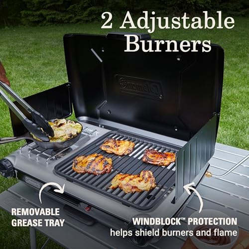 Coleman Tabletop 2-in-1 Grill & Stove with 2 Adjustable Burners, Propane Grill/Stove with Push-Button Starter, Wind Guards, Grease Tray, & 20,000 BTUs of Power for Camping, Tailgating, & More - color: Black, style: PFAS-Free