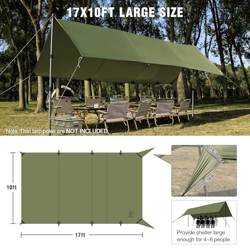 REDCAMP 10x17ft Large Waterproof Camping Tarp, Hammock Rain Fly with UV50+ Sun Protection, 8 Guy Lines & Stakes＋ Aluminum Adjustable Camping Tarp Poles, Set of 2, 90" Telescoping Lightweight Tent Pole