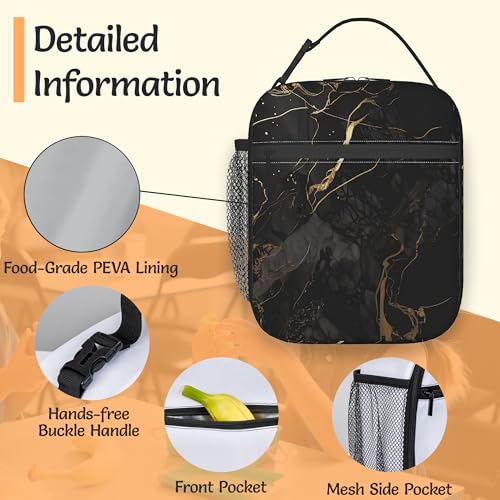 Black Gold Marble Reusable Lunch Bag,Modern Abstract Insulated Lunch Box with Side Pockets for Girls Boys Women Portable Thermal Cooler Bag for Teens School,Work,Picnic,Beach - color: Black Gold Marble