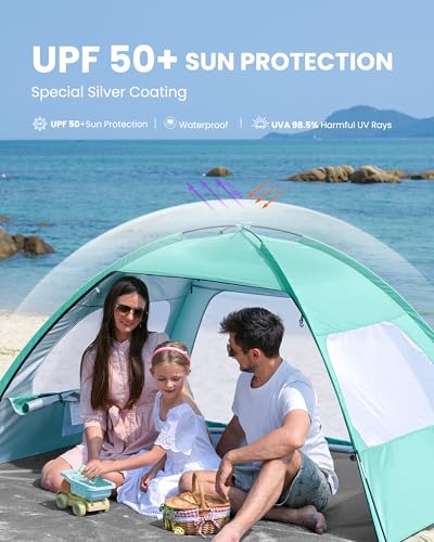 OutdoorMaster Beach Tent for 3/4/6/8 Person - Easy Setup Sun Shade Shelter, Portable Beach Shade Sun Canopy with UPF 50+ UV Protection, Removable Skylight Family Size - color: Green, size: 3 Person