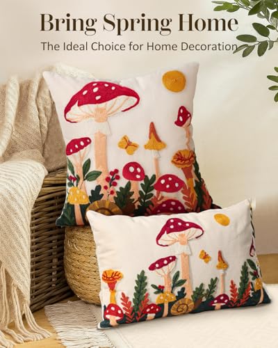 Embroidered Lumbar Pillow Cover 20x12 Inch - Spring Summer Boho Decorative Pillow Cover with Zipper for Living Room Couch Sofa Bed Aesthetic Design Mushroom Moon Cushion Pillowcase - color: Mushroom Moon, size: 20" x 12" (Pack of 1)