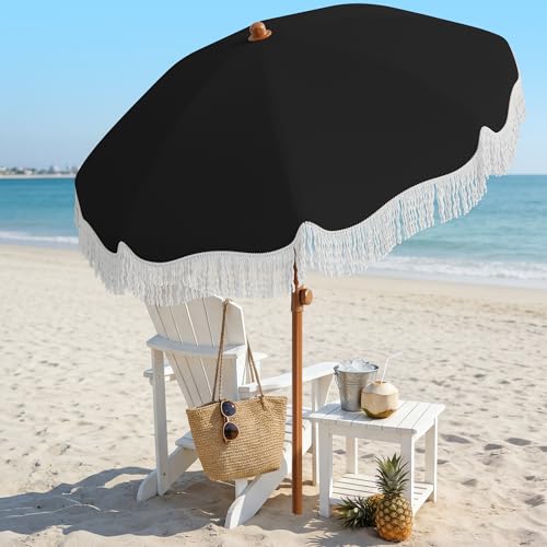 AreShark 7ft Patio Umbrella with Fringe, UPF50+ Beach Umbrella for Table, Pool & Garden, Portable Outdoor Tassels Umbrella w/Fiberglass Ribs&Push Bottom Tilt(Black) - color: Black, size: 7FT