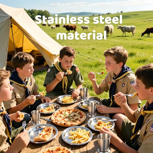 Scout Camping Mess Kits Stainless Steel Utensils Camping Dinnerware Kit Boy Scout Dishes Set Girl Scout Mess Kit with Mesh Bag Camping Cutlery Set Travel Trip School Camp Easy to Carry Clean