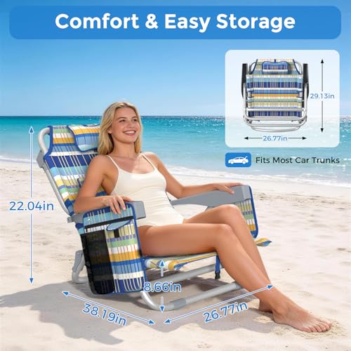 5-Position Backpack Beach Chair for Adults with Lumbar, Foldable Tall Heavy-Duty Beach Chairs with Cooler Bag,Cup Holder,Towel Rack for Beach, Camping, Outdoor (2, RainbowBlue&Orange) - color: Rainbowblue&orange, size: 2 pack