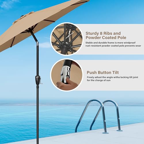 HealSmart 9ft Patio Umbrella with Push Button Tilt/Crank, Outdoor Table Market Yard Umbrella with 8 Sturdy Ribs for Garden, Backyard, Deck, Pool, Tan - color: Tan, size: 9FT