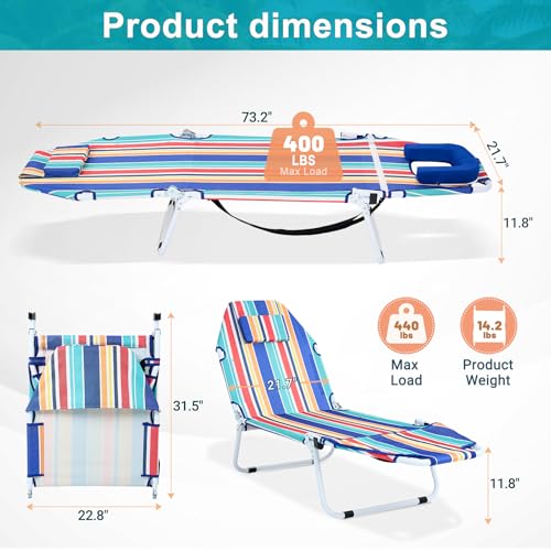 ABORON Tanning Chair with Face Hole, 2-in-1 Folding Camping Cot for Adults, 5-Position Adjustable Lounge Chair with Pillow, Heavy Duty 600D Oxford Portable Cot for Beach, Patio, Poolside - color: Classic Stripe