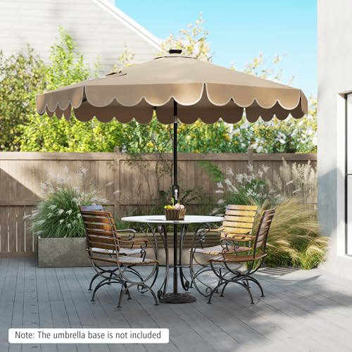 Tangkula 9 FT Solar Patio Umbrella, 2-Tiers Scalloped Outdoor Table Market Umbrella with 32 LED Lights, Vented Top, Tilt Adjustment, Crank, 8 Ribs for Backyard Poolside Deck Beach Lawn (Coffee) - color: Coffee, size: 9Ft