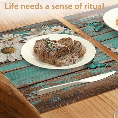 Placemats Set of 6,White Daisy Table Mats, Vintage Wood Washable Linen Table Mats,Non-Slip Heat Resistant Placemats for Party Kitchen Dining Indoor Outdoor 12"x18" - color: White Daisy, Vintage Wood