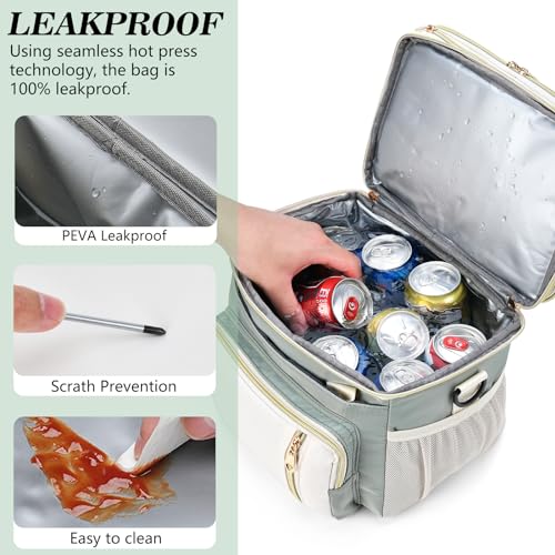 Lunch Box & Lunch Bag for Women Men, Expandable Large Insulated Adult Lunch Bag with Strap, Double Deck Leakproof Lunchbox Durable Cooler Bags for Work Picnic Beach,16L, Olive Green & White - color: Olive Green