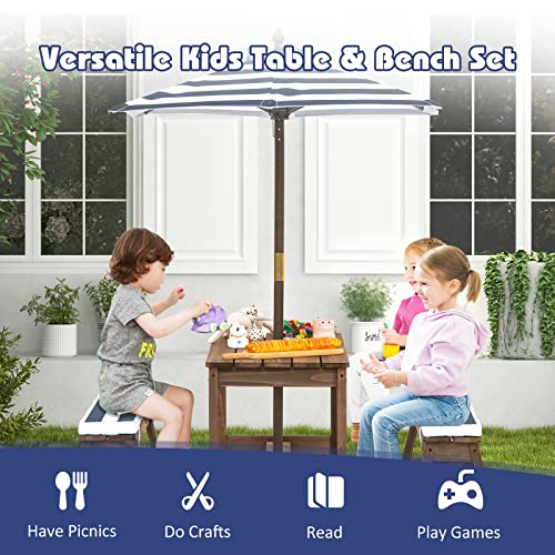 KOTEK Kids Picnic Table with Umbrella Foldable, Backyard Wooden Table & Bench Set w/Removable Cushions, Activity Art Play Table, Indoor Outdoor Toddler Picnic Table for Patio, Lawn & Garden (Blue) - color: Blue