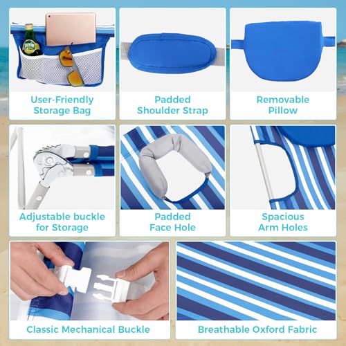 #WEJOY Folding Tanning Chair with Face Hole, 5 Positions Face Down Beach Lounge Chairs with Pillow for Outside Sunbathing Poolside (Blue/White) - color: Readease-face Hole Darkblue/White, style: ReadEase 5 Position Face Hole