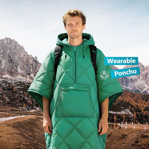 Camping Outdoor Blanket, Ultralight Down Alternative Printed Travel Camp Blankets for Sleeping Packable Waterproof Puffy Quilt for Hammock Picnic Stadium Beach Cold Weather (Green Blanket Poncho) - color: Green Blanket Poncho