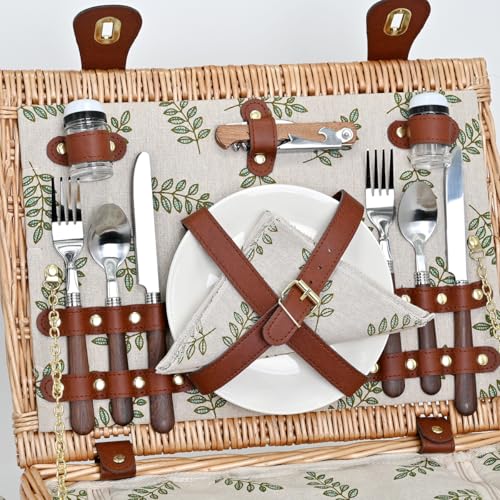 Picnic Basket with Blanket and Wine Pouch for 2, Wicker Picnic Set with Insulated Liner Cooler Bag Hamper for Camping,Wedding - Leaf - color: Leaf With Blanket for 2