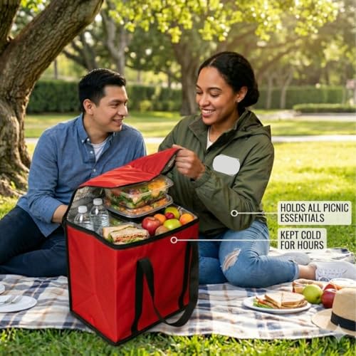 JoEzzy Insulated Bags – Large Thermal Food Delivery Bag & Reusable Shopping Tote – Heavy Duty Cooler Bag for Catering, Picnics, Beach, & Office Lunch – Collapsible, Stands Upright, Red - color: 2-Pack (Bag)