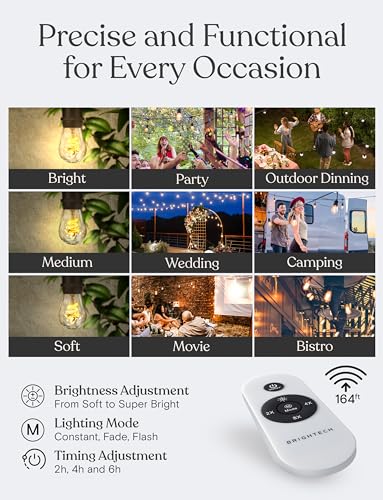 Brightech Ambience Pro Super Bright 48 Ft, 15 Bulbs Solar Power Remote Control Outdoor String Lights, Edison Spiral Shatterproof Bulbs, Commercial Grade LED, Waterproof Patio Lights, 4W Soft White - style: Super Bright Spiral (4W) Remote Control 48 FT