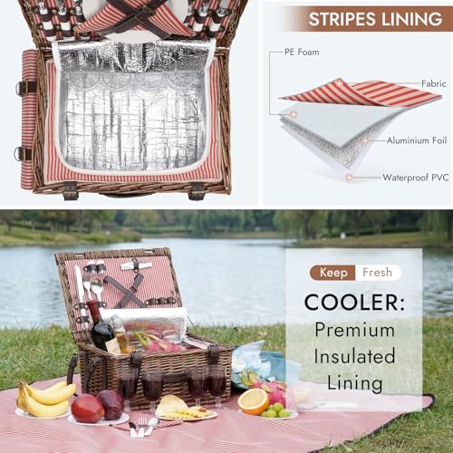Picnic Basket Set for 4 Persons with Cooler and Waterproof Picnic Blanket, Classical Wicker Picnic Baskets with Waterproof & Sand-Proof Beach Mat,Willow Hamper Service Gift Set - size: 15.55" for 4 Persons with Cooler