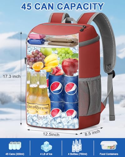 Pritent Cooler Backpack for Men Women Insulated Waterproof Backpack Cooler Leak Proof Cooler Bag Lightweight Lunch Backpack for Camping Beach Travel Picnic - color: Leather Coral, size: 45 Cans