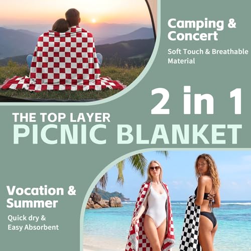 2 in 1 Extra Large Outdoor Picnic Blanket Camping Mat Lightweight Oversized Giant Turkish Boho Beach Mexican Serape Baja Cobijas Mexicanas para Mesa Park Stadium Outside Festival Grass Hammock - color: Checkered Red