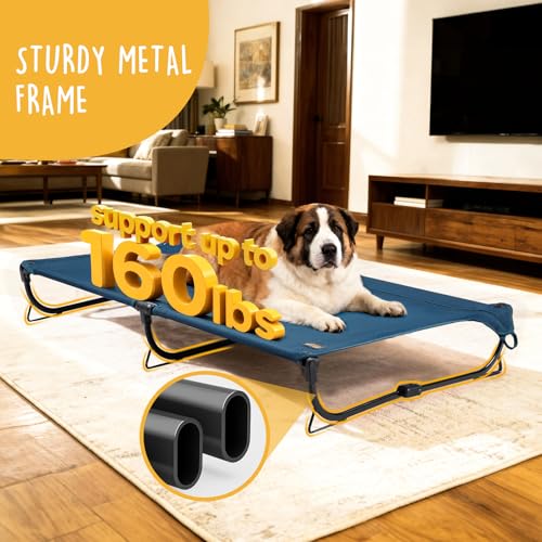 CANINE CANYON Folding Raised Dog Cot, Large Outdoor Elevated Dog Bed, Cooling Chew Proof Pet Cots Bed, Portable, Heavy Duty Up to 160 lbs, Pet Cot for Camping, Home, Dark Blue, 43"x27"x7" - color: Blue, size: Large