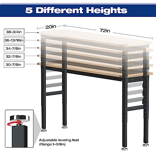 WORKPRO 72" Adjustable Workbench, 3000 LBS Load Capacity Hardwood Garage Workbench with Power Outlets, Rubberwood Top Heavy-Duty Workstation for Workshop, Garage, Home - size: 6FT workbench