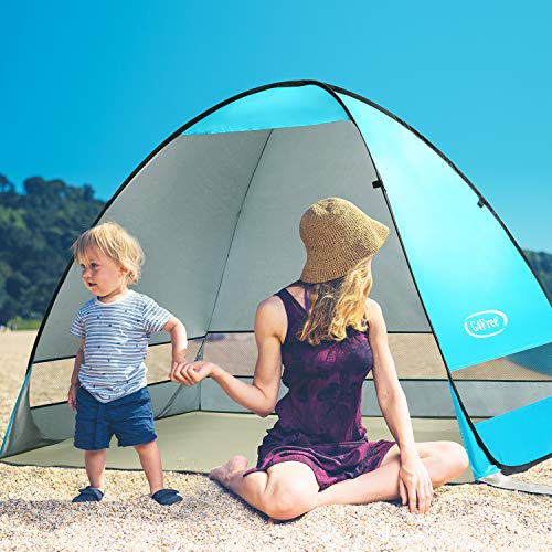 G4Free Large Pop up Beach Tent for 3-4 Person, UPF 50+ Automatic Sun Shelter Canopy Portable Outdoor Cabana Sun Umbrella - color: B-Blue