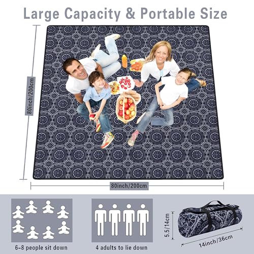 Supfitness Extra Large Picnic Blankets Waterproof Foldable (80 "x 80") Beach Blanket Waterproof Sandproof,3-Layer Thicking Mat Outdoor Packable Camping Blanket - color: Black, size: 6'8" x 6'8" (Square)