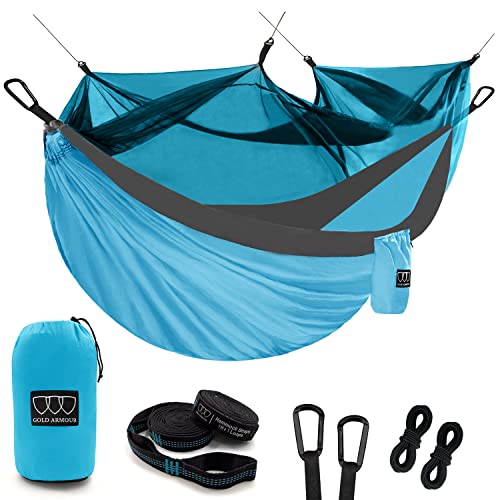Gold Armour Camping Hammock - Camping Essentials, Double Hammock with Bug Net, Camping Gear Hammock for Outside, Hiking, and Travel (Sky Blue & Gray) - color: Sky Blue & Gray