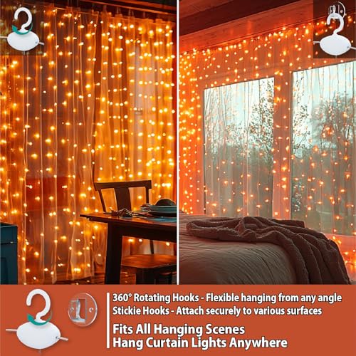HXWEIYE 300LED Fairy Curtain Lights, 9.8x9.8Ft USB Plug-in 8 Modes Christmas String Hanging Lights with Remote for Bedroom Backdrop Wedding Indoor Wall Decor, Orange, Standard – 1 Pack - color: Orange, size: Standard – 1 Pack