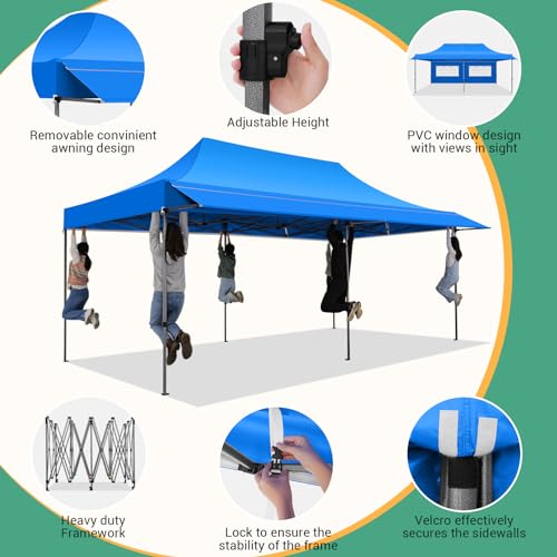 COBIZI 10x20 Pop Up Canopy Tent with Awning & Sidewalls, Heavy Duty Commercial 10X20 Canopy Tents Instant Waterproof, UPF 50+ Sun Shade for Outdoor, Parties, Markets (Blue) - color: Blue, size: 10x20FT with 4 Sidewalls & 1 Awning Cloth