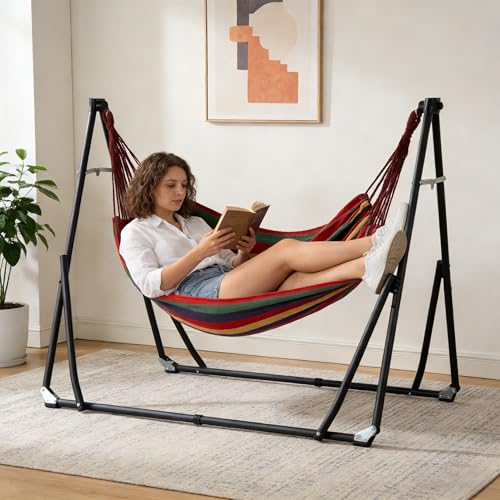 DlandHome Hammock with Stand, Heavy Duty Portable Hammock, 440 lbs Weight Capacity, Outdoor Hammock Chair with Carrying Bag & Adjustable Steel Stand for Patio, Garden, Beach, Backyard, Classic Red