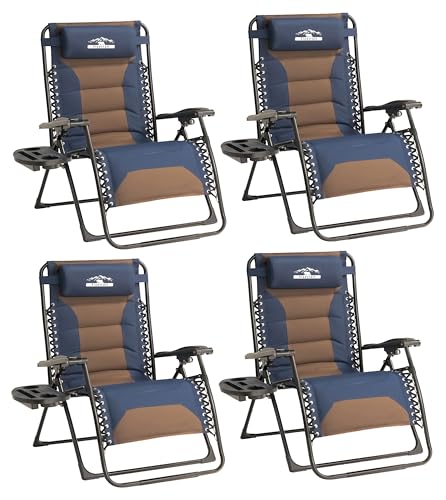 Zero Gravity Lounge Chairs - Set of 4 Oversized Reclining Patio Chairs with Adjustable Pillow & Cup Holder (500lbs Capacity, Blue/Brown) - color: Brown & Blue, size: X-Large/4 PCS