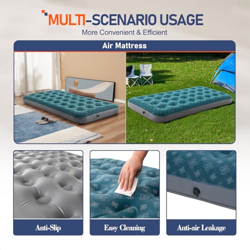 DIMAR GARDEN Twin Size Air Mattress Inflatable Bed Sleeping Pad for Camping, Patterned Flocking Blue - size: Twin