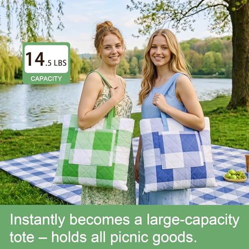2 in 1 Tote Picnic Blanket Waterproof Outdoor Camping Mat,Large Capacity Beach Blanket 80''x80'' 7 Layers Easy to Foldable and Carry. - color: Greencheck