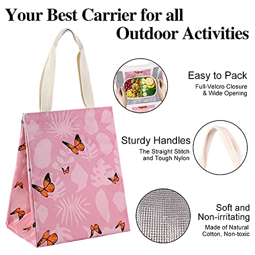 iknoe Insulated Lunch Bag for Women, 9L Sturdy Wide-Open Foldable & Portable Lunch Tote with Interior Pockets, Water-resistant Thermal Lunch Cooler for Adults Picnic Beach-Pink Butterfly - color: Pink Butterflies, size: Velcro Closure