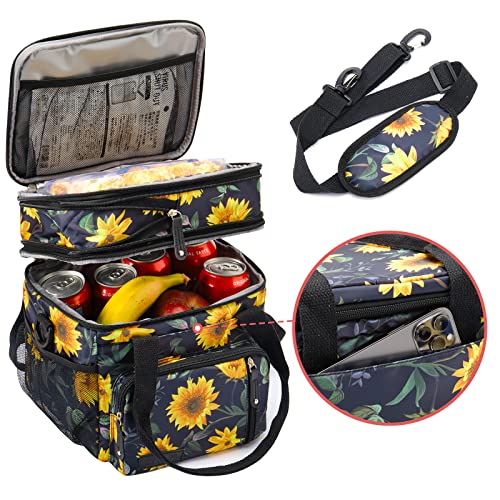 MOV COMPRA Lunch Bag for Women Men Double Deck Lunch Box,Expandable Large Lunch Bags,Leakproof Lunch Box Cooler Bag (Sunflower) - color: Sunflower