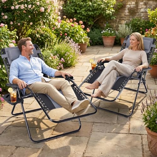 Sweetcrispy Zero Gravity Chairs, Foldable Patio Reclining Chairs with Adjustable Pillow & Cup Holder, Oversized Portable Support 400 lbs, for Backyard Camping(Black-Gray) - color: Padded Black-gray